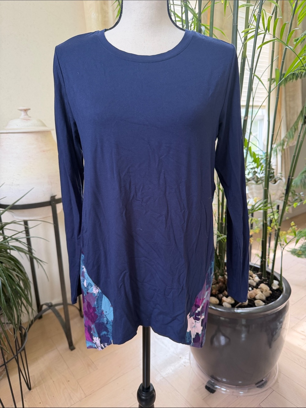 LOGO by Lori Goldstein Navy Long Sleeve Tee with Floral Side Panels
